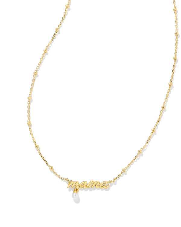Mama Gold Script Pendant Necklace in White Pearl