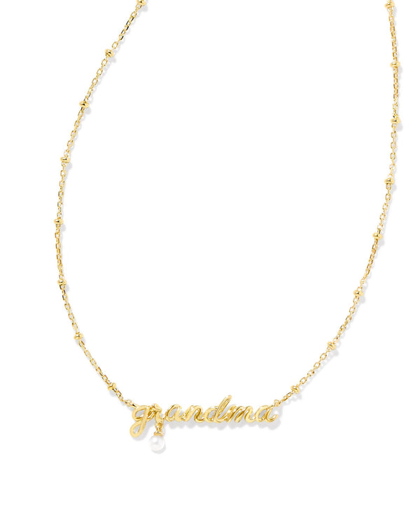 Grandma Gold Script Pendant Necklace in White Pearl