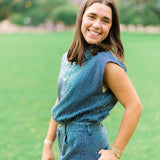 Full Rhinestone Sleeveless Romper, Denim