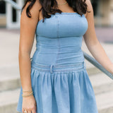 Yes Pleats Denim Mini Dress, Light Wash