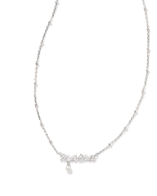 Mama Silver Script Pendant Necklace in White Pearl