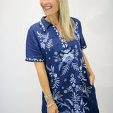 Winona Linen Henley Collared Dress, Blue Night
