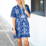Winona Linen Henley Collared Dress, Blue Night