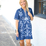 Winona Linen Henley Collared Dress, Blue Night