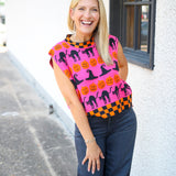 Checker Trim Halloween Icon Tank, Hot Pink/Orange/Black