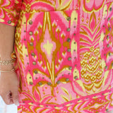 Pineapple Tapestry V Neckline Tunic Dress, Pink
