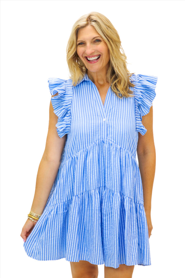 Coastal Cutie Ruffle Sleeve Babydoll Dress, Blue