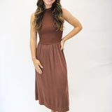 Sleeveless Mock Neck Mixed Dress, Redwood Brown