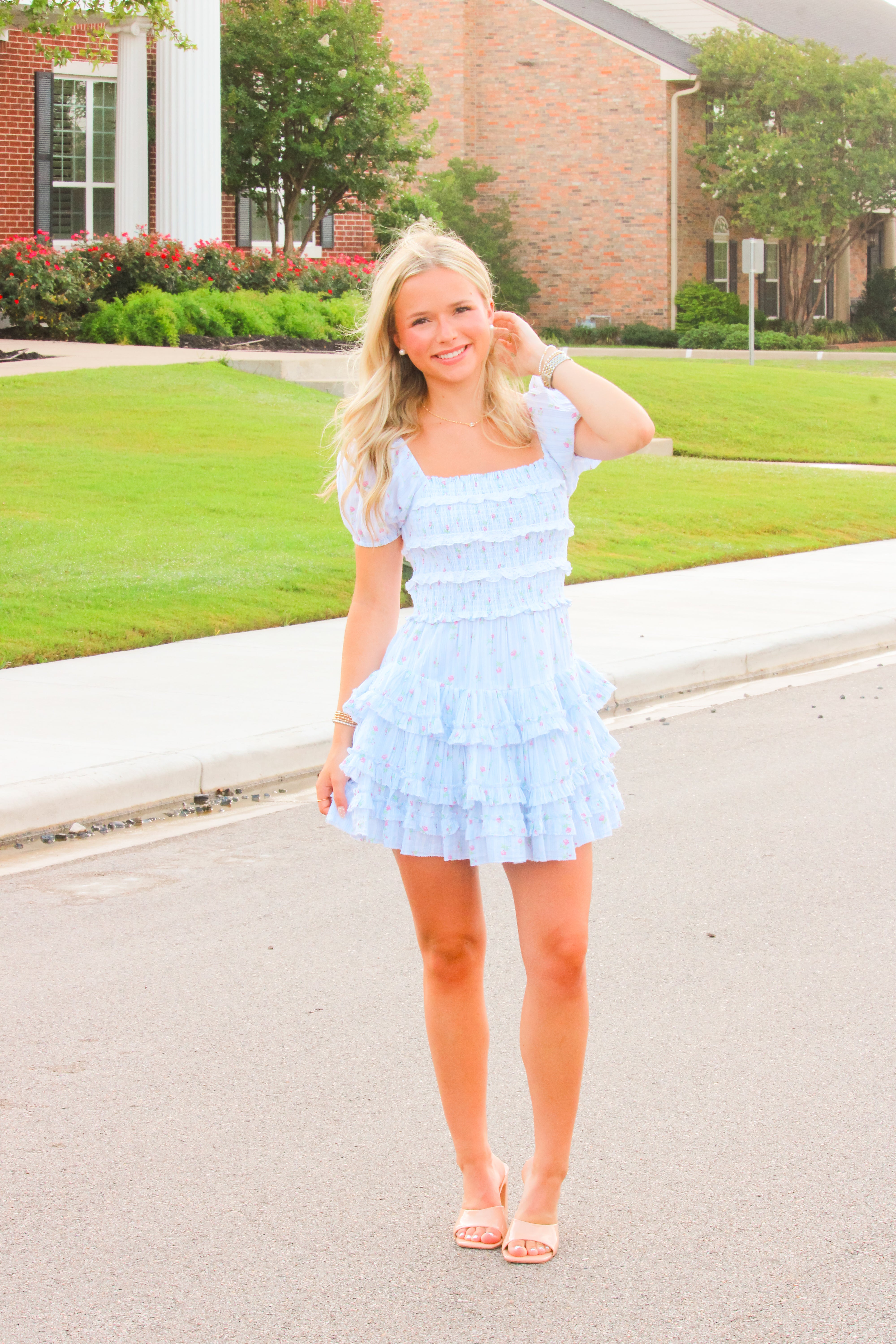 Fellows Cotton Floral Ruffle Mini Dress, Coastline Blue Sabi Boutique Fellows Cotton Floral Ruffle Mini Dress, Coastline Blue Sabi Boutique