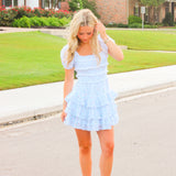 Fellows Cotton Floral Ruffle Mini Dress, Coastline Blue