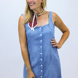 Square Neck Button Front Mini Dress, Amalfi Marine Wash