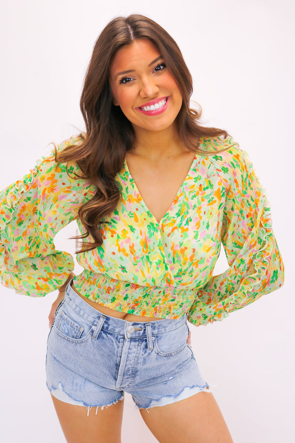 Bellona Floral Puff Sleeve Top, Yellow Green Multi