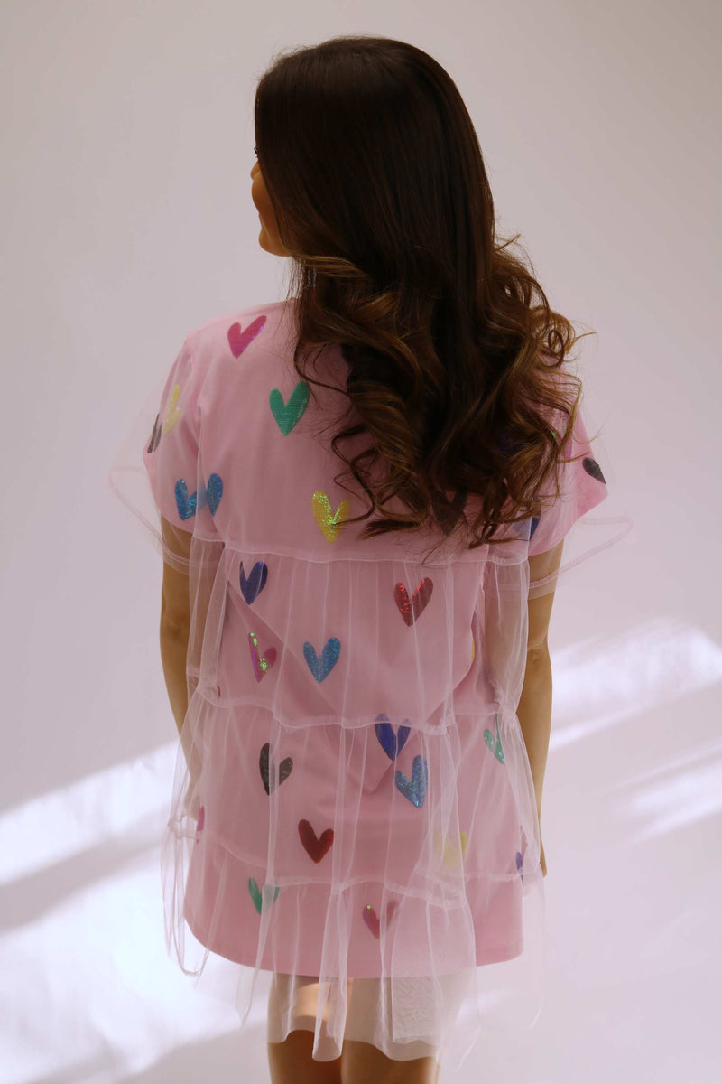 Light Pink Multi Heart Mesh Overlay Dress
