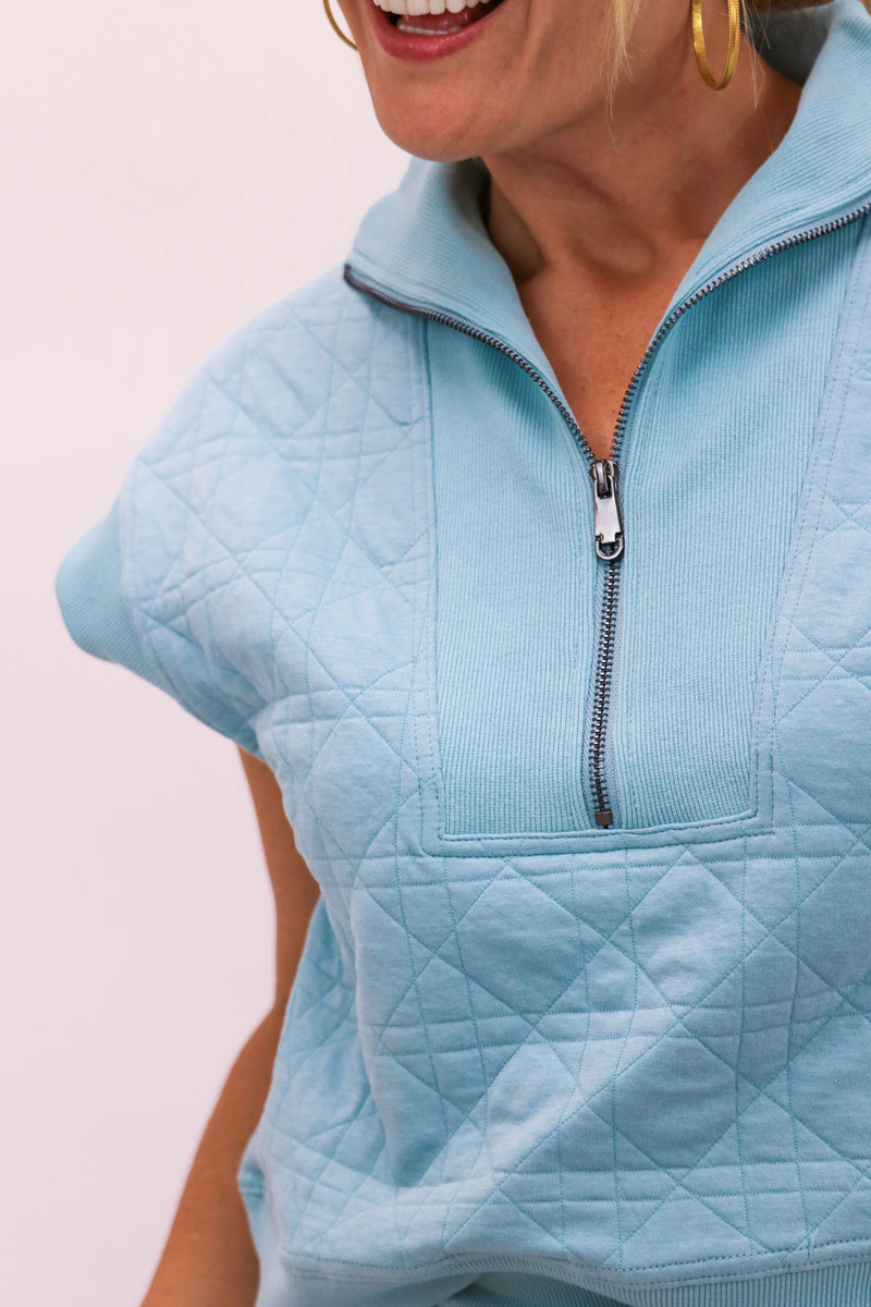 Stay Awhile Textured Half Zip Top, Seafoam