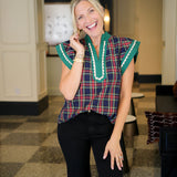Plaid Tidings Short Sleeve Top, Navy