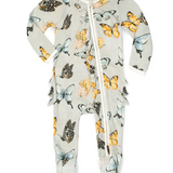 Butterfly Bamboo Ruffle Zipper Footed Romper