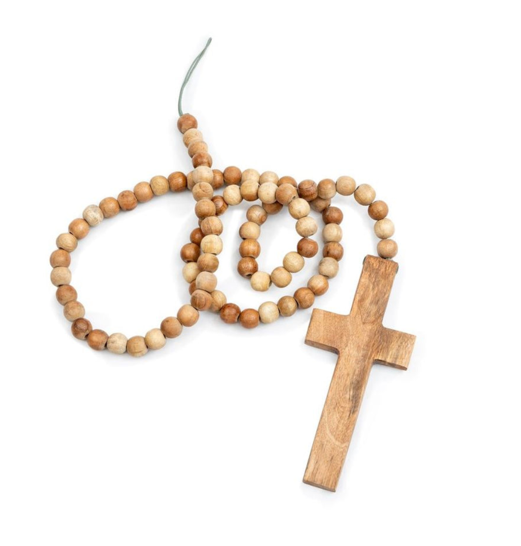 Cross on Natural Wood Bead Strand