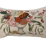 24" x 14" Cotton Lumbar Pillow w/ Embroidery & Flowers in Vase