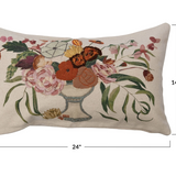 24" x 14" Cotton Lumbar Pillow w/ Embroidery & Flowers in Vase