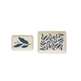 Stoneware Plates w/ Botanicals, Blue & Cream Color