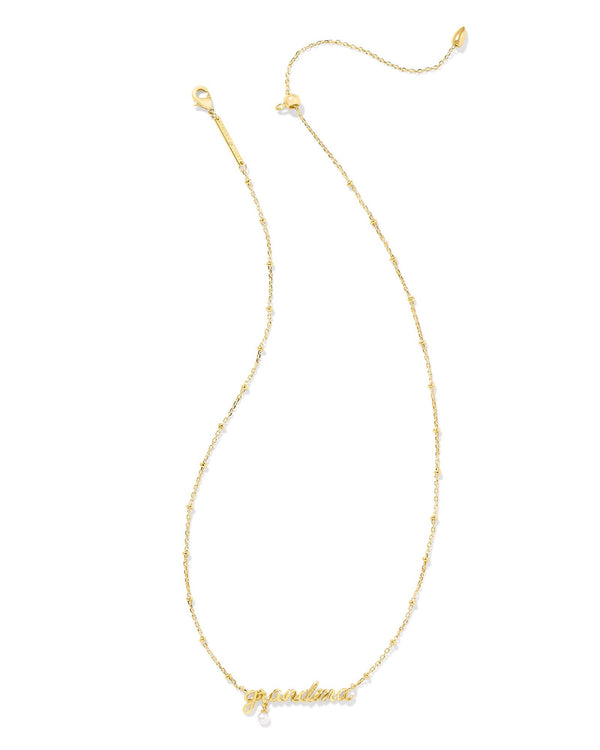 Grandma Gold Script Pendant Necklace in White Pearl
