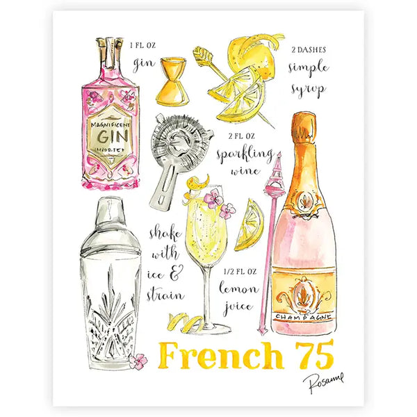 Hand Painted 8x10 Art Print, French 75 Recipe