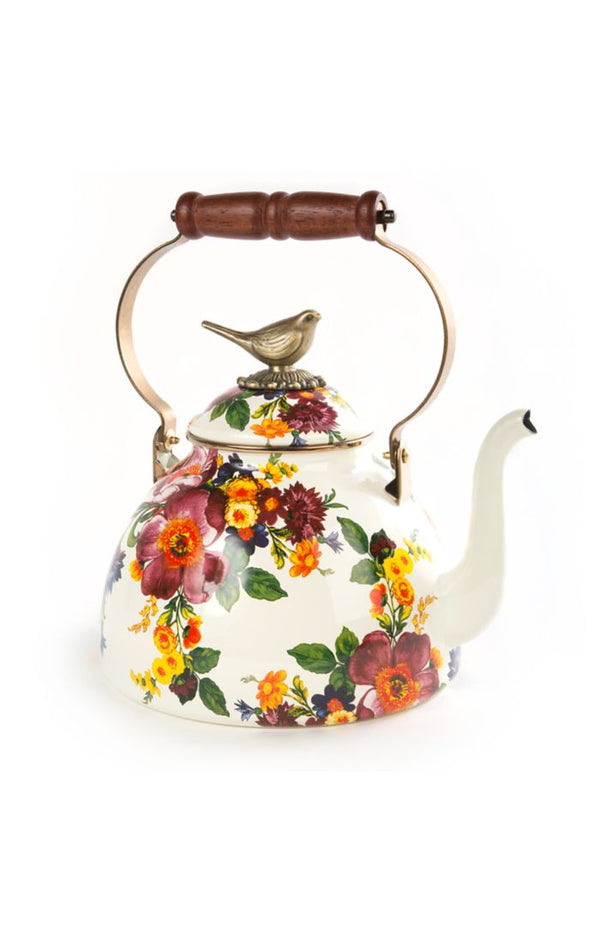 White Flower Market 3 Quart Tea Kettle with Bird