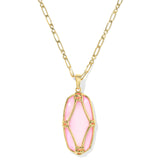 Elle Lattice Frame Gold Large Long Pendant Necklace, Blush Ivory Mother of Pearl