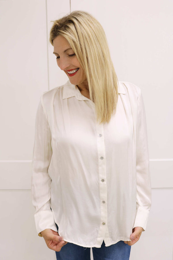 Pleated Button Down Shirt, Ivory White