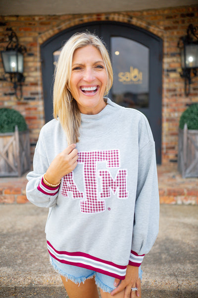 Texas A&M Gingham Mascot Mock Neck Sweatshirt, Grey
