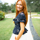 Liyana Embroidered Tie Front Peplum Top