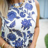 Agatha Chic Sleeveless Top, Indigo Chrysanthemum