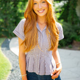 Beck Pleated Button-Front Top, Brown Gingham