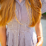 Beck Pleated Button-Front Top, Brown Gingham