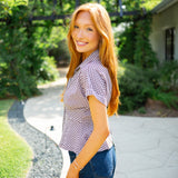 Beck Pleated Button-Front Top, Brown Gingham