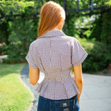 Beck Pleated Button-Front Top, Brown Gingham