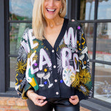 'New Years' Icon Button Up Cardigan, Black