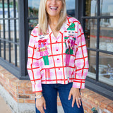 Plaid Metallic Nutcracker Cotton Button Up Top, Pink & Red