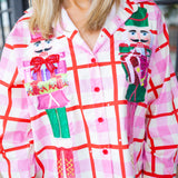 Plaid Metallic Nutcracker Cotton Button Up Top, Pink & Red