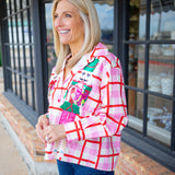 Plaid Metallic Nutcracker Cotton Button Up Top, Pink & Red