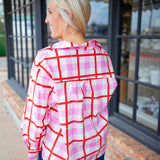 Plaid Metallic Nutcracker Cotton Button Up Top, Pink & Red