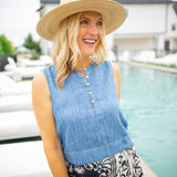 Sleeveless Placket Pullover, Island Blue Wash