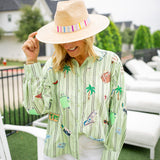 Green Striped Travel Icon Button Up Long Sleeve Top