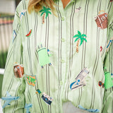 Green Striped Travel Icon Button Up Long Sleeve Top