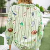 Green Striped Travel Icon Button Up Long Sleeve Top