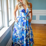 Janna Floral Plunge Midi Dress, Blue Floral