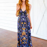 Golden Nature Maxi Slip Dress, Navy Blue