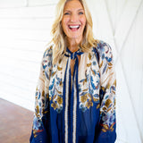 Golden Nature Tie Neck Blouse, Navy Blue