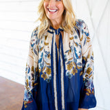 Golden Nature Tie Neck Blouse, Navy Blue