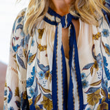 Golden Nature Tie Neck Blouse, Navy Blue